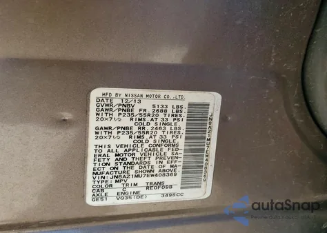 2014 Nissan Murano S z USA, uszkodzony, nr VIN JN8AZ1MU7EW408369